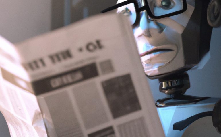 roboter liest zeitung mit brille