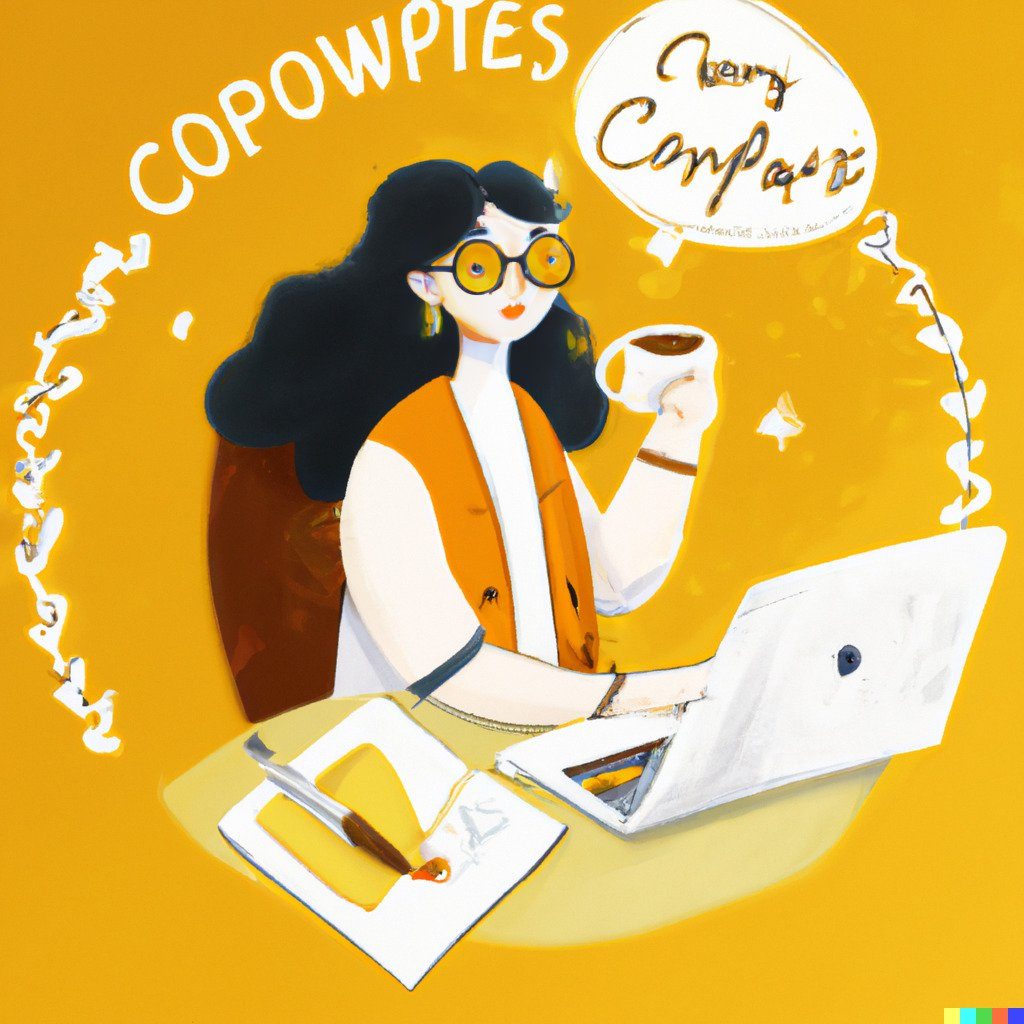 dalle 2 copywriterin trinkt kaffee am laptop