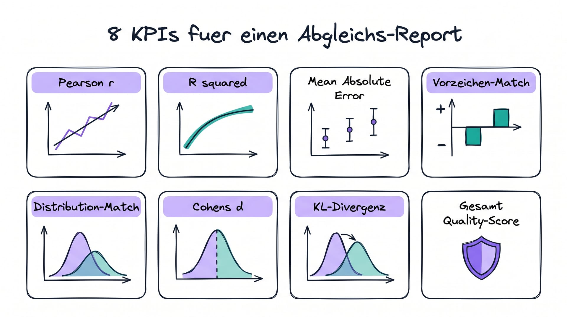 8 KPIs fuer einen Abgleichs-Report: Pearson, R-Squared, Cohens d, KL-Divergenz