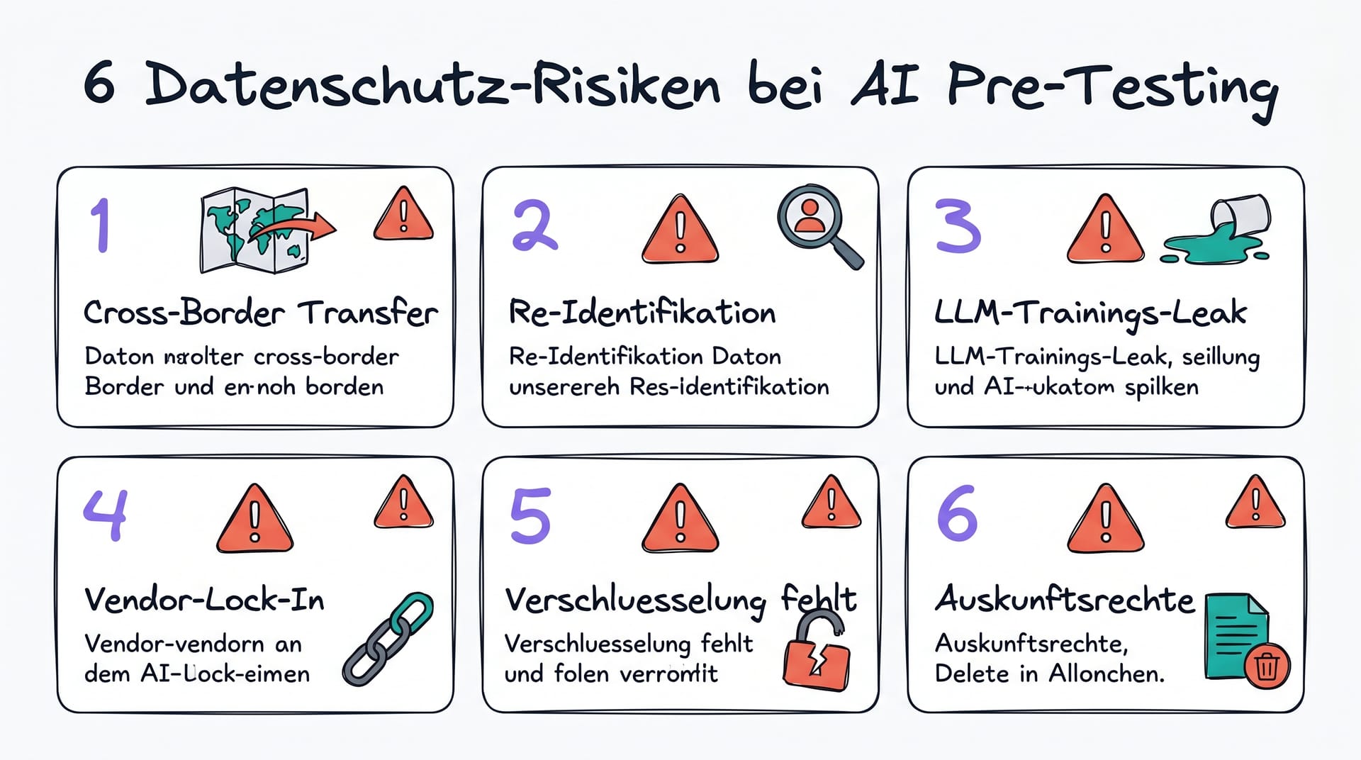 6 Datenschutz-Risiken bei AI Pre-Testing-Tools: Cross-Border, Re-Identifikation, LLM-Leak, Lock-In, Verschluesselung, Auskunftsrechte