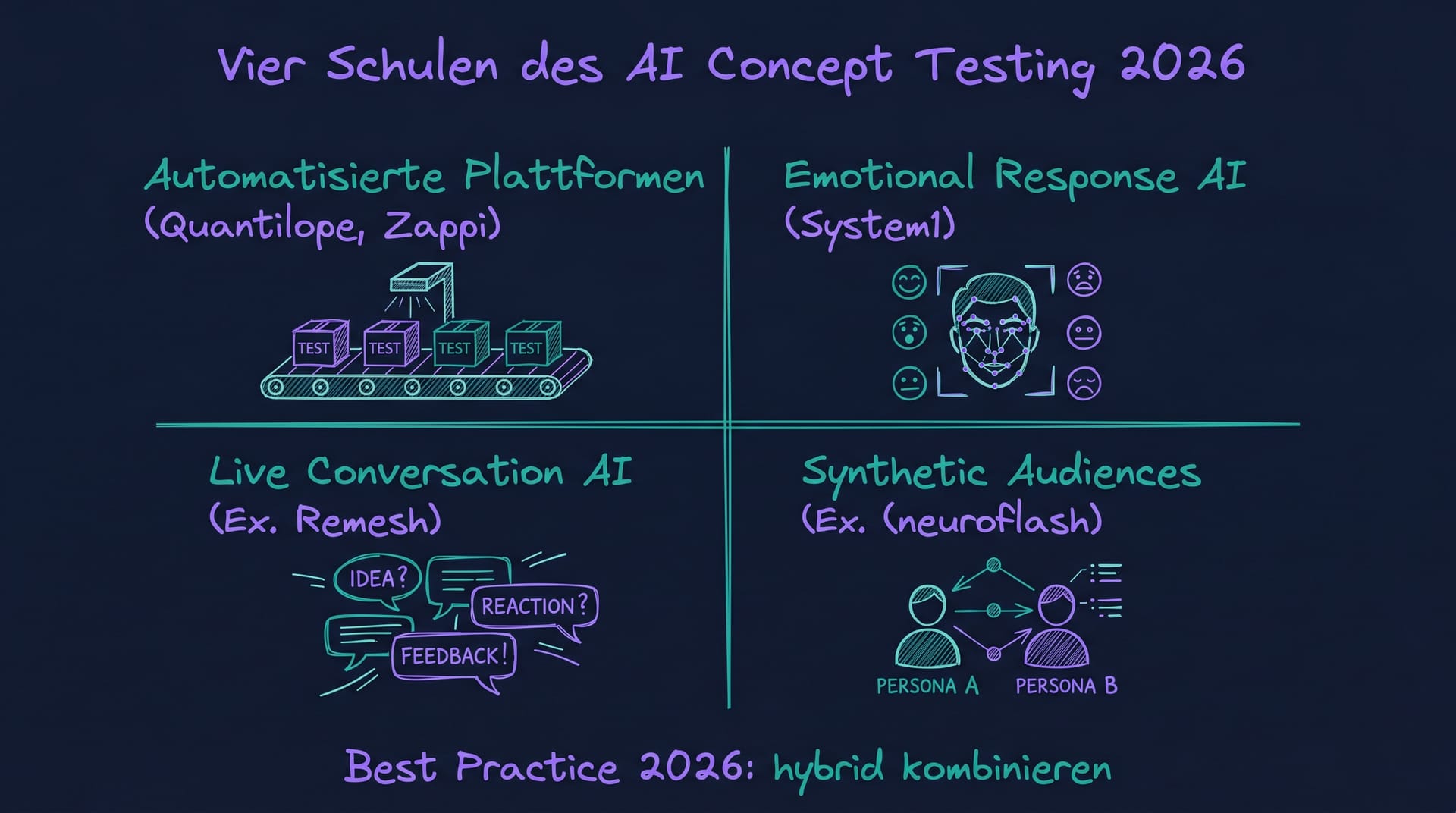 Vier methodische Schulen des AI Concept Testing 2026