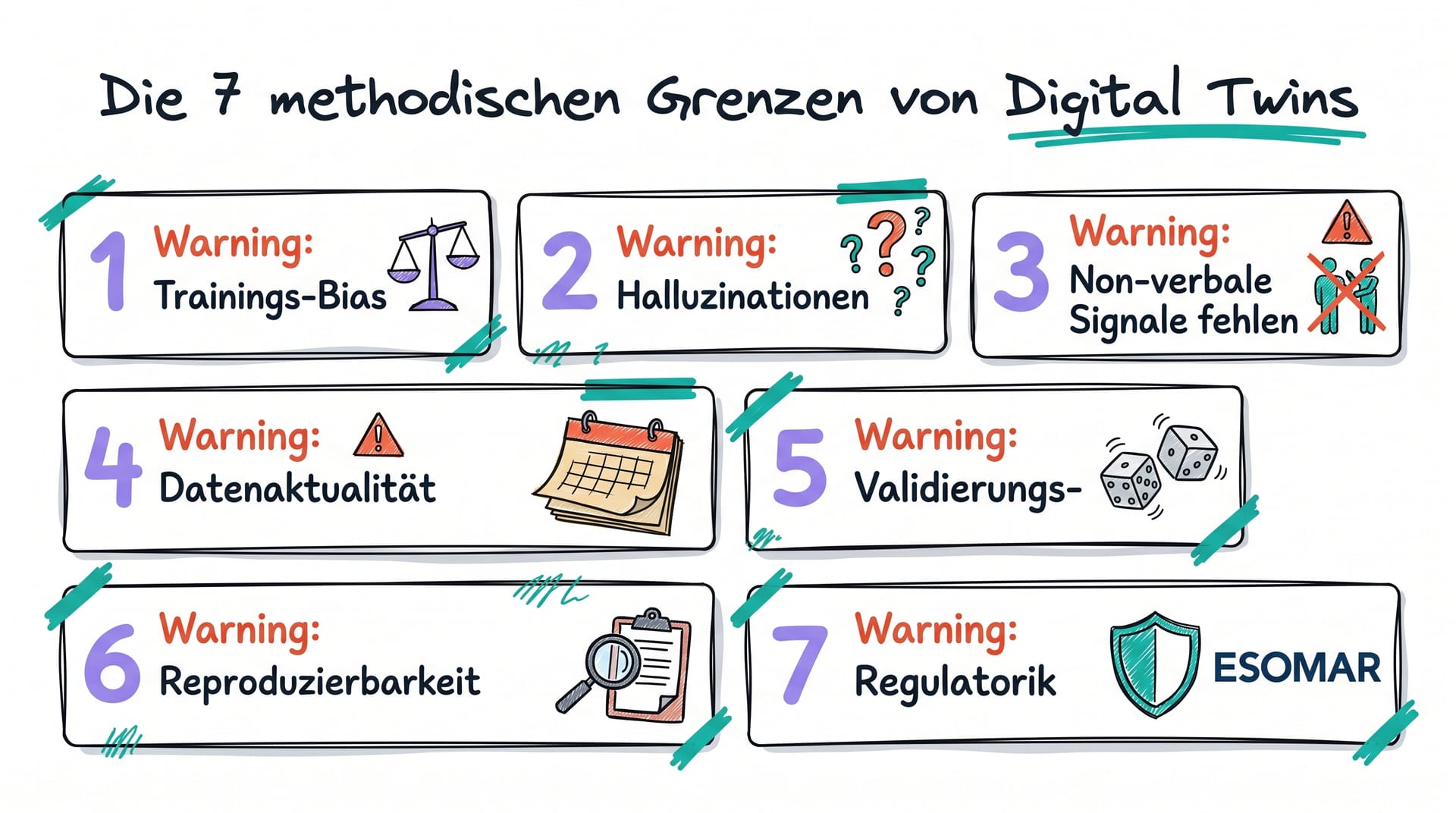 Die 7 methodischen Grenzen von Digital Twins: Bias, Halluzinationen, Body Language, Cutoff, Reproduzierbarkeit, Validierung, Regulatorik