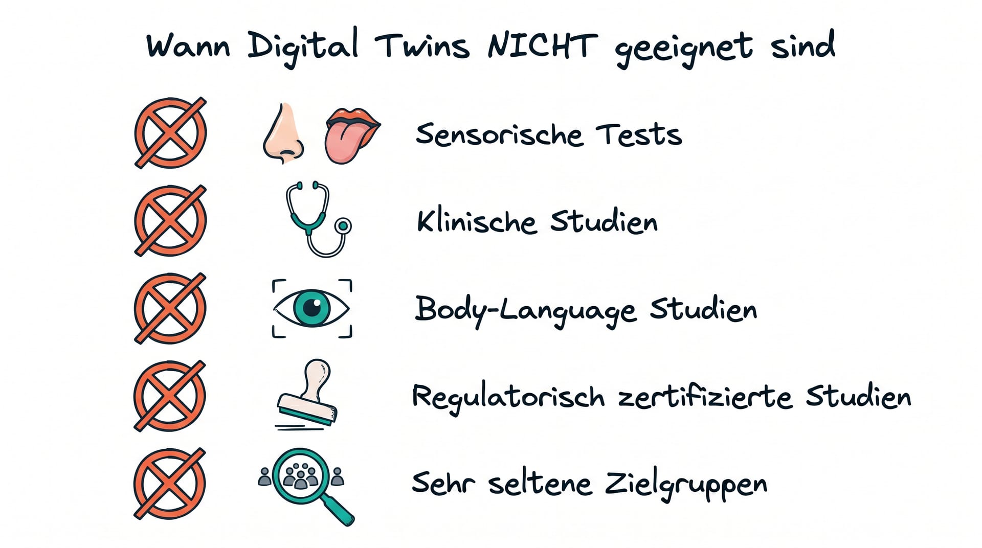 Forschungstypen, fuer die Digital Twins NICHT geeignet sind: Sensorik, Klinik, Body Language, Regulatorik, Nischen