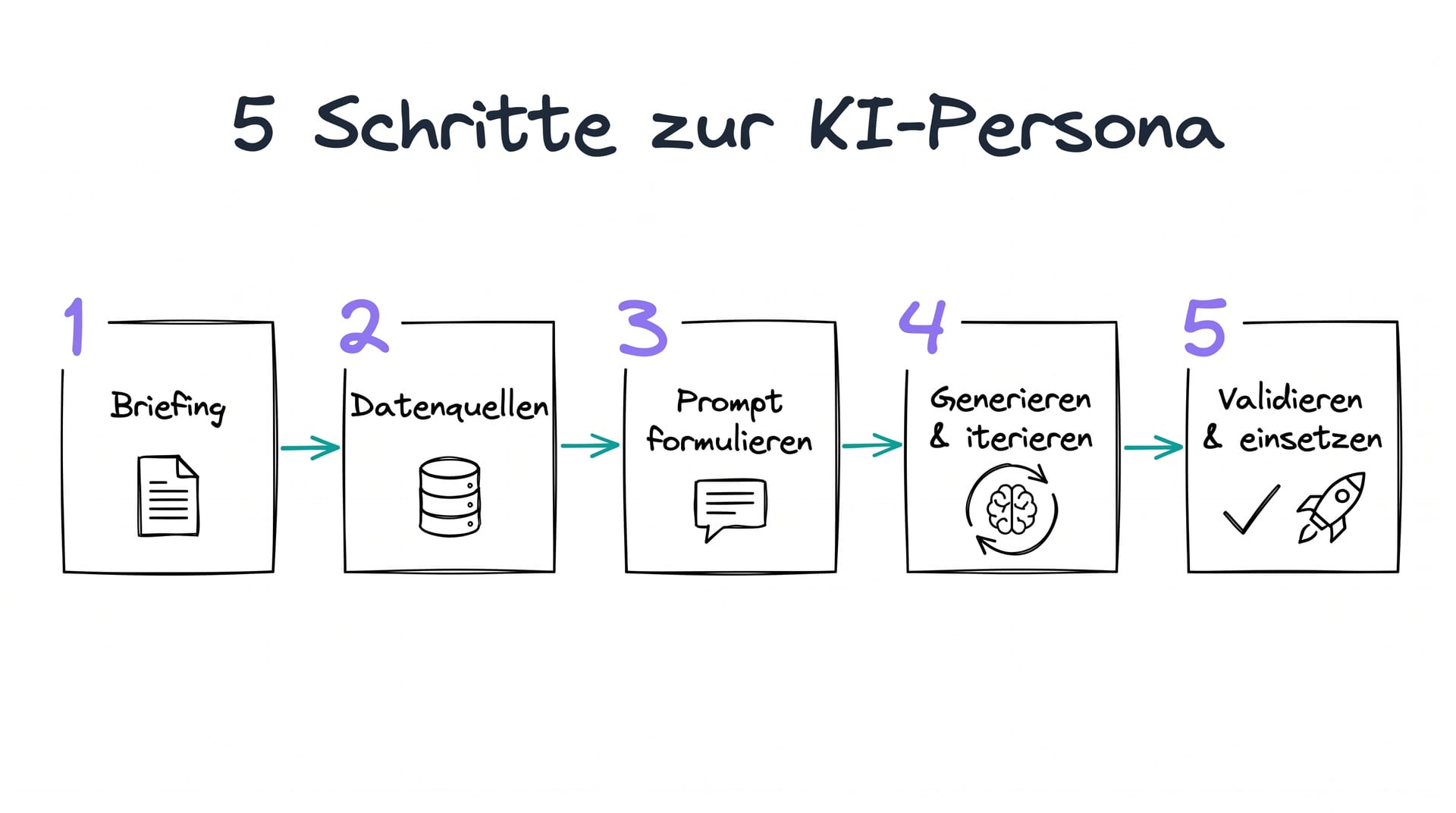 5 Schritte zur KI-Persona: Briefing, Datenquellen, Prompt, Generieren, Validieren