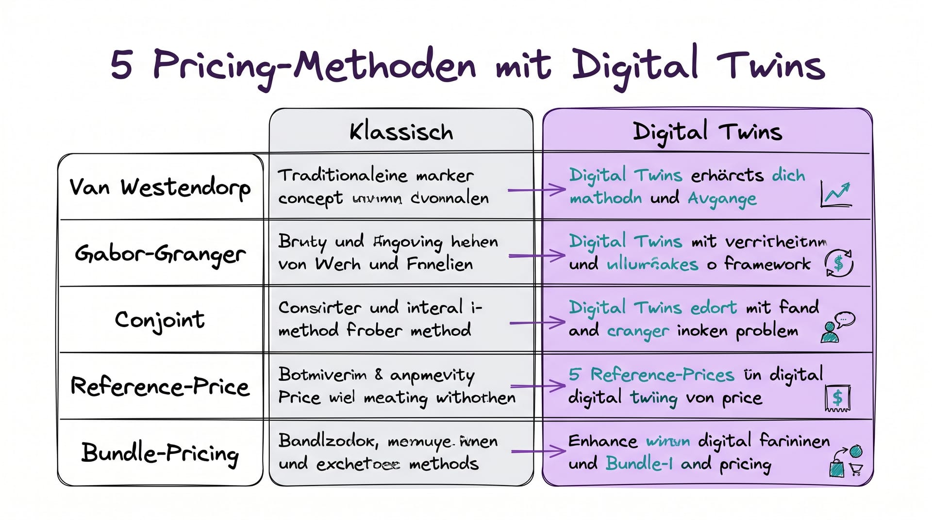 5 Pricing-Methoden mit Digital Twins: Van Westendorp, Gabor-Granger, Conjoint, Reference-Price, Bundle