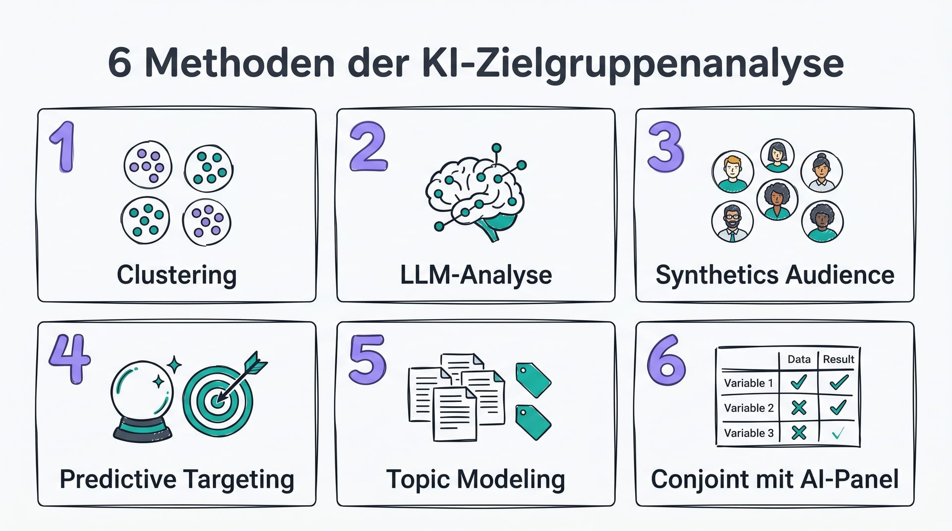 6 Methoden der KI-Zielgruppenanalyse: Clustering, LLM, Synthetic Audience, Predictive, Topic Modeling, Conjoint