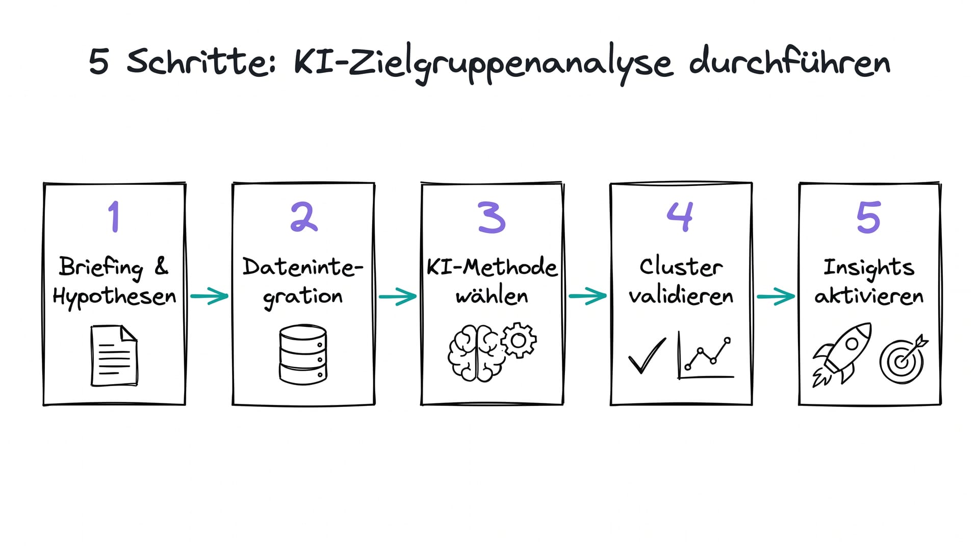 5 Schritte zur KI-Zielgruppenanalyse: Briefing, Datenintegration, Methode, Validierung, Aktivierung