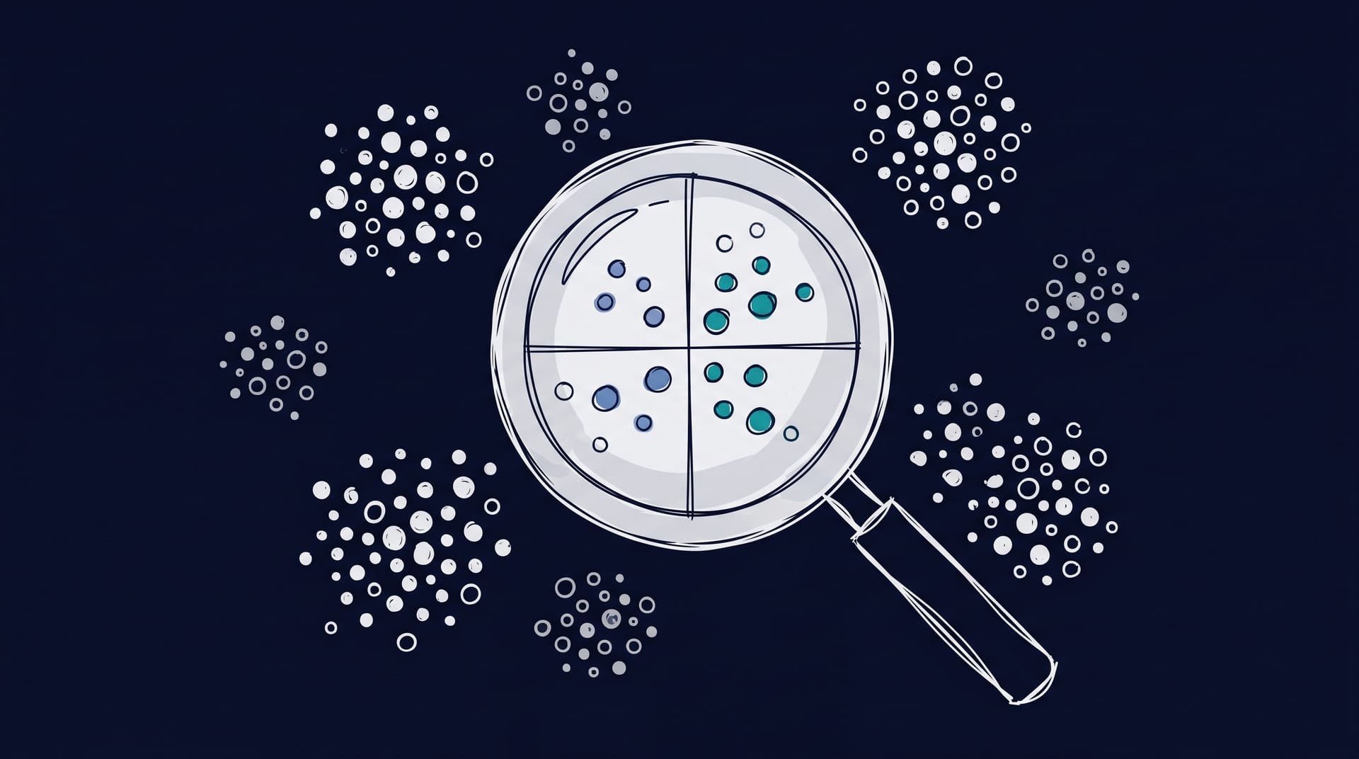 Abstract conceptual visualization of bias detection in synthetic respondents - magnifying glass over uneven distribution of dots