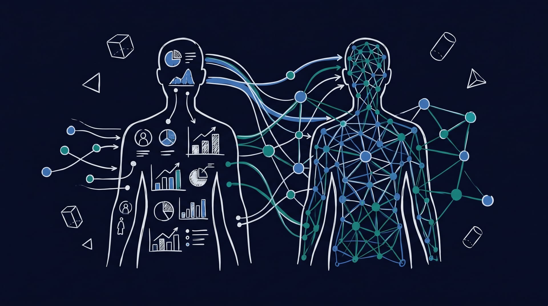 Digital Twins in market research conceptual hero image showing mirrored human silhouettes with data and neural mesh