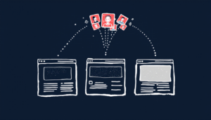 Conceptual sketch of three landing page variants being scored and heat-mapped by a synthetic audience before launch