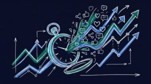 Abstract Excalidraw illustration: bunte Taschenuhr explodiert in virale Social-Media-Welle, Produkterfolg vorhersagen mit KI