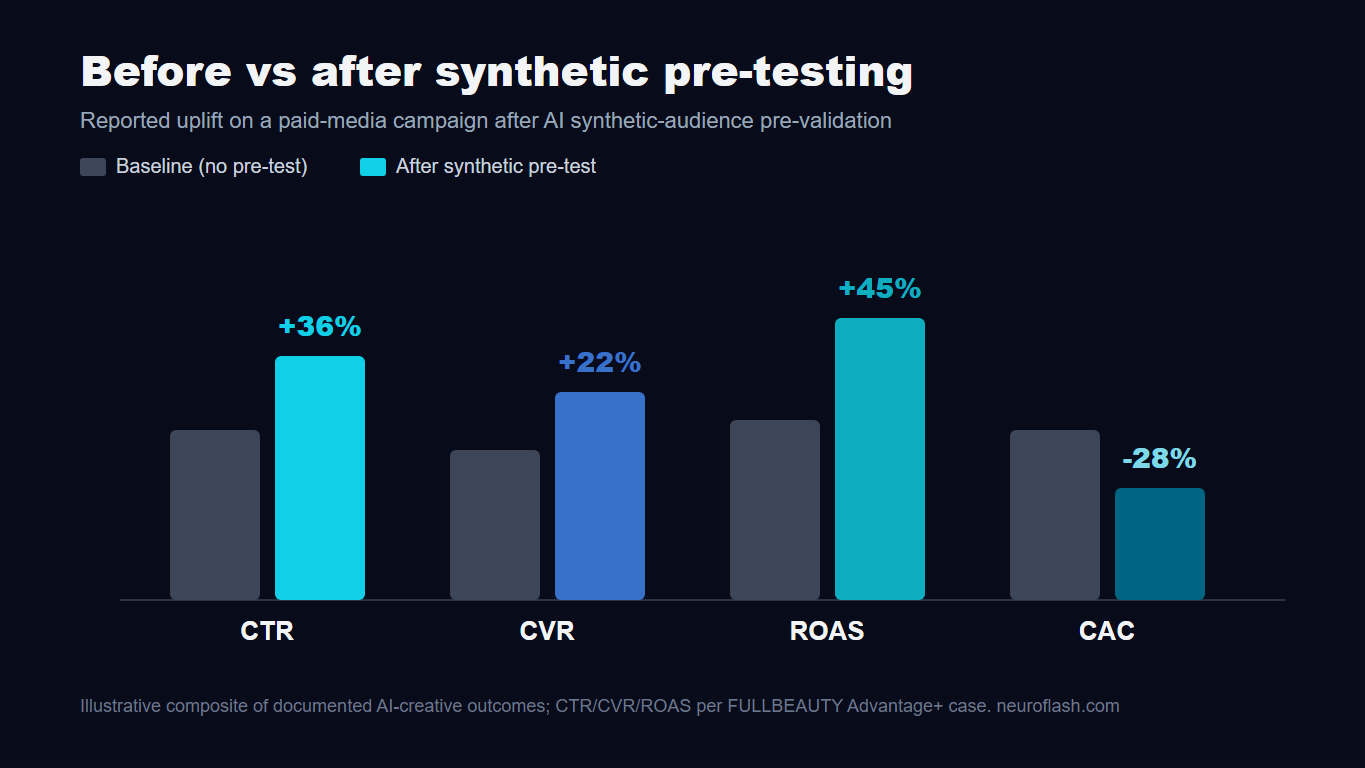 Bar chart of before vs after synthetic pre-testing showing plus 36 percent CTR, plus 22 percent CVR, plus 45 percent ROAS and minus 28 percent CAC