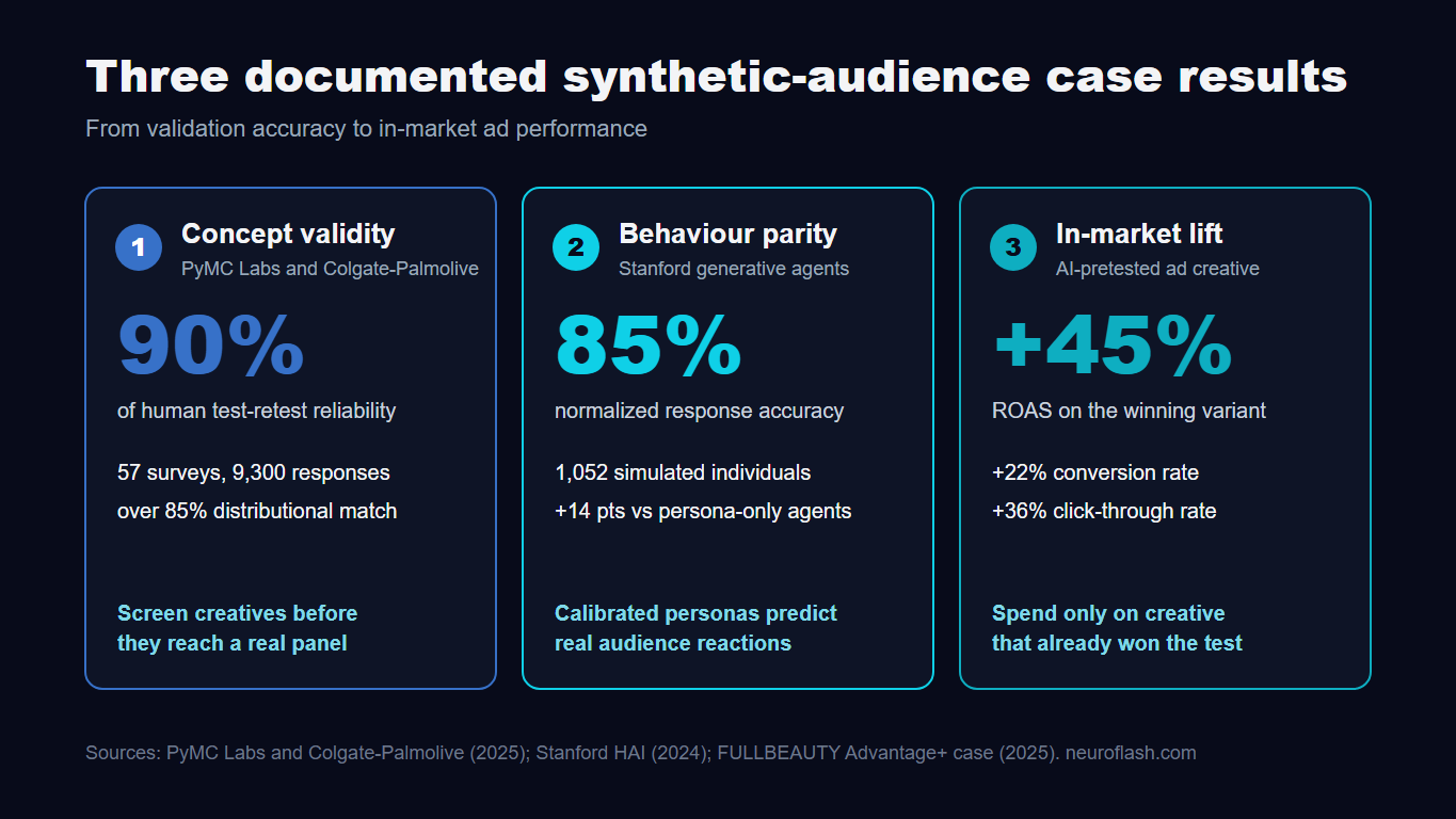 Three documented synthetic-audience case results: 90 percent concept validity, 85 percent behaviour parity, plus 45 percent ROAS in-market lift