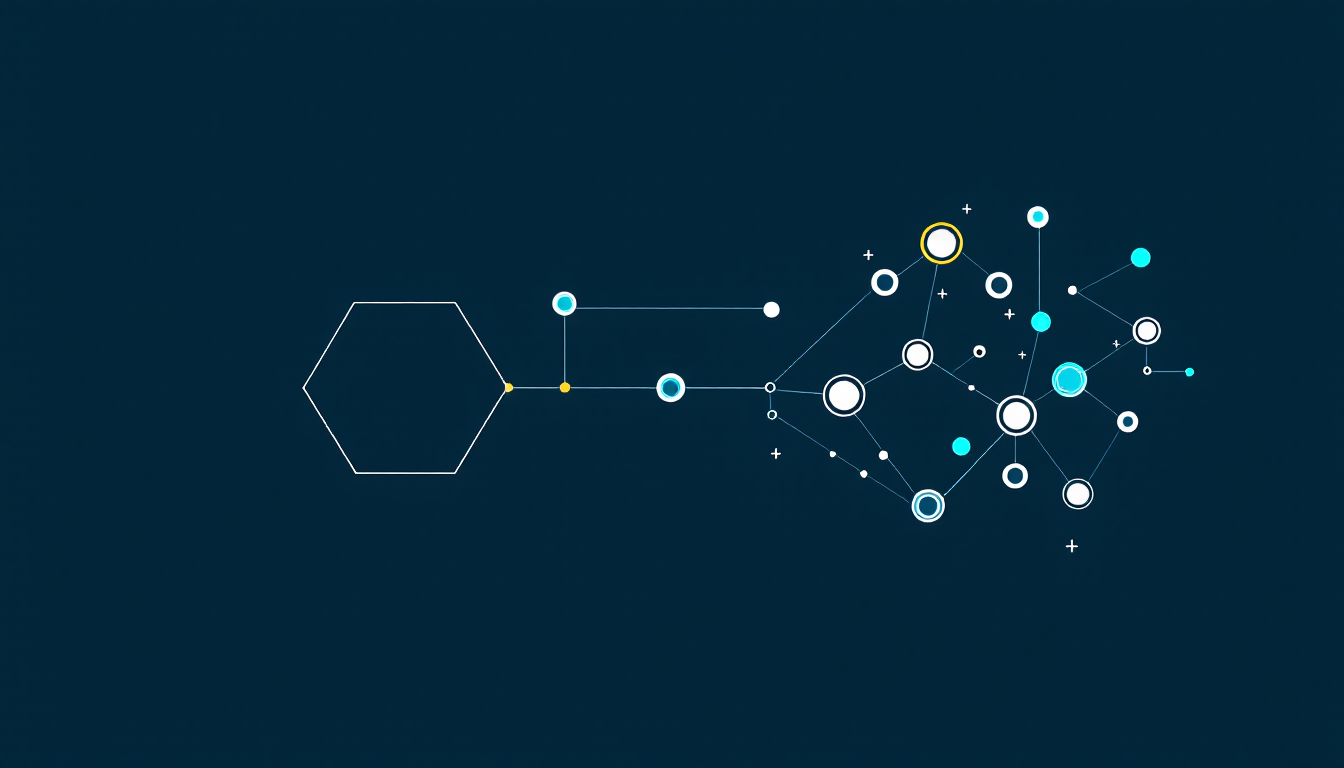 Abstrakte Netzwerkgrafik: ein zentraler Agent verbindet sich mit vernetzten Digital-Twin-Knoten ueber API und MCP