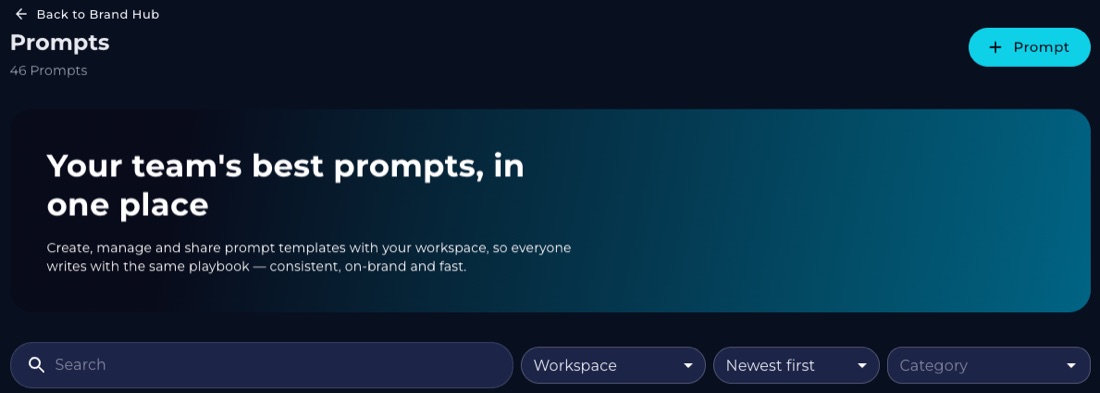The new Prompts page in the Brand Hub, with search and filters for workspace, sort order and category