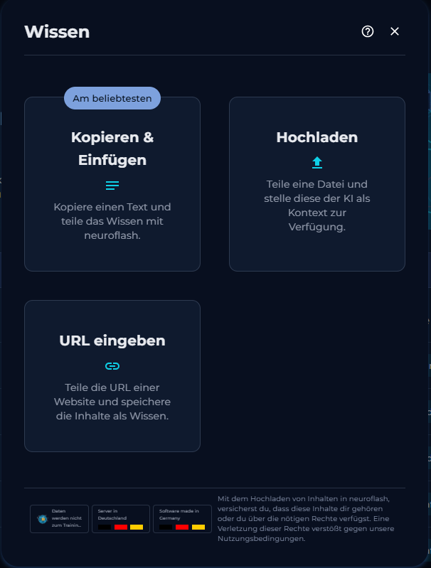 Die drei Wege, Wissen anzulegen: Kopieren und Einfügen, Hochladen, URL eingeben