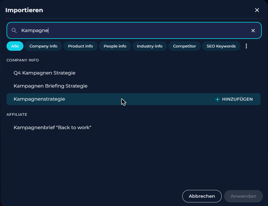 Das Fenster Importieren mit Suche, Kategorien und dem Button Hinzufügen